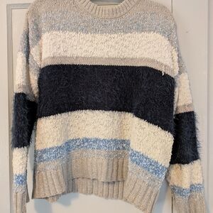 Cozy Striped Crewneck Sweater in Cream, Navy & Light Blue
